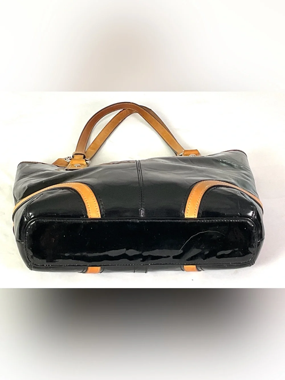 Coach -F22322-PEYTON-embossed, patent leather, tan leather trim, medium tote